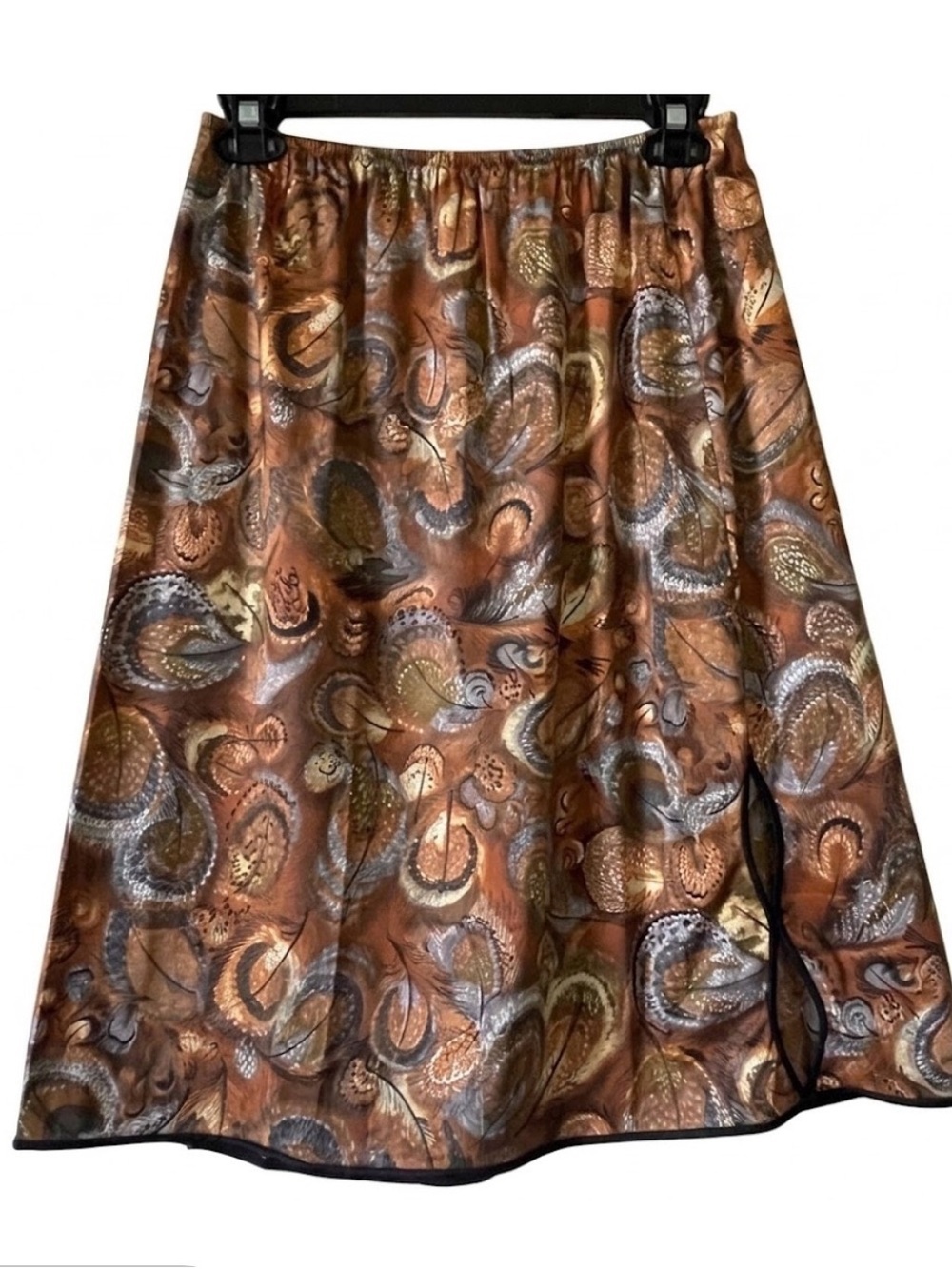 Vtg Vanity Fair Satin Nightgown Skirt Earth Tone Feather Print Size Large